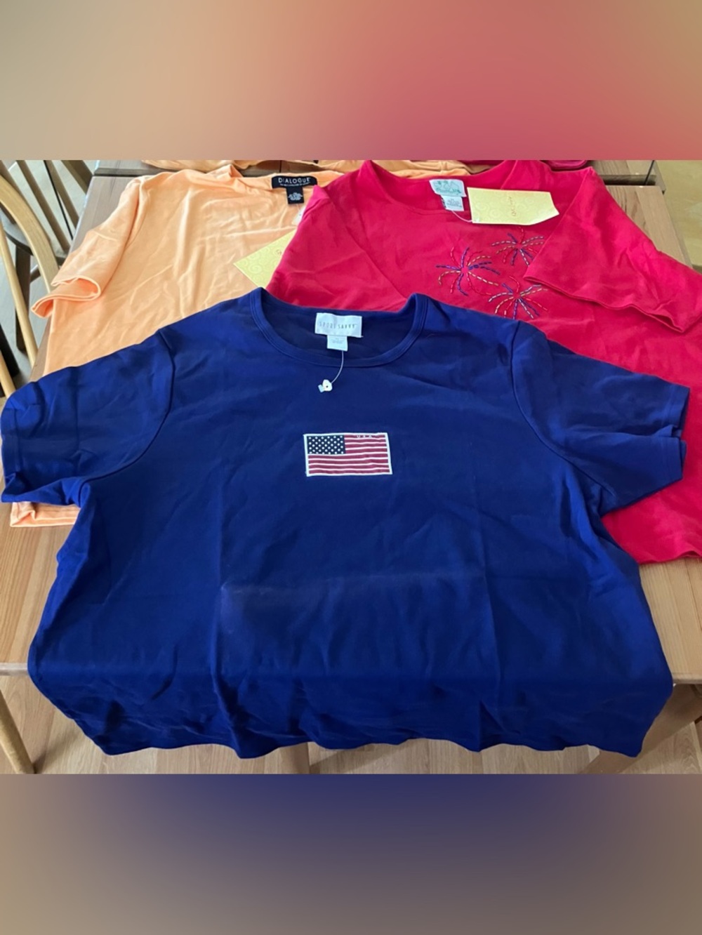 NWT Lot of Three Women’s Tops, 2X Blue Flag Red Fireworks & Plain Orange